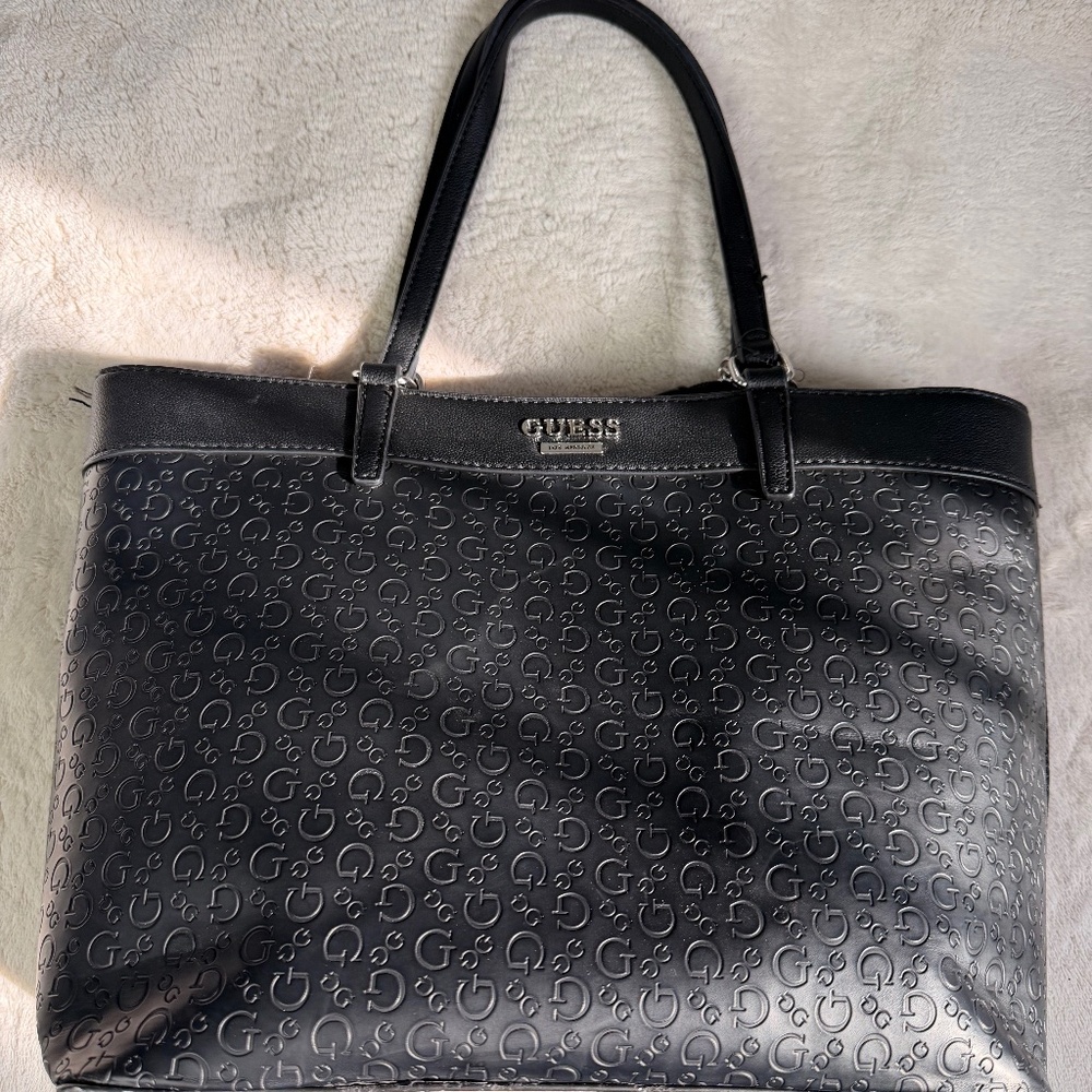 GUESS Black Faux Leather Logo Embossed Tote Structured Laptop Bag
